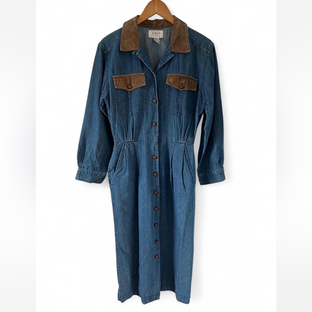 Vintage Talbots Denim Button Down Dress with Brown Suede Trim